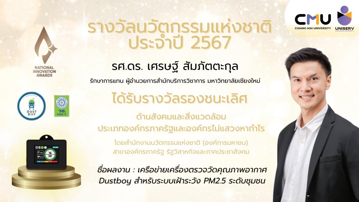 ผู้อำนวยการสำนักฯ คว้ารางวัลรองชนะเลิศ รางวัลนวัตกรรมแห่งชาติ ด้านสังคมและสิ่งแวดล้อม ผลงานเครือข่ายเครื่องตรวจวัดคุณภาพอากาศ DustBoy 
